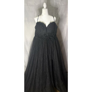 Black Sleeveless Bridesmaid Dress with Floral Lace, Glitter, Adjustable Straps